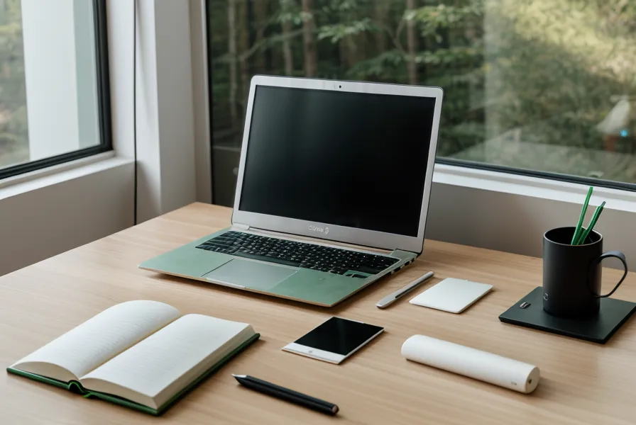 Primer plano de una mano nerviosa junto a una laptop con diapositivas de negocios