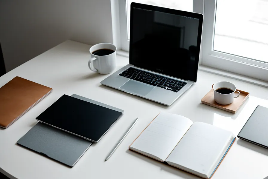 Notas estructuradas para un guion técnico junto a una laptop, preparando una comunicación fluida con el cliente